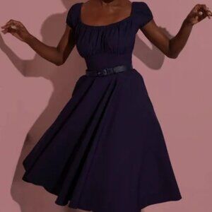 Micheline Pitt Pin-Up Retro Peasant Swing Dress Navy 2X